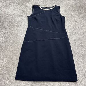 Tahari Sleeveless Pearl Sheath Dress Womens 10 Navy Blue Classic Workwear Career